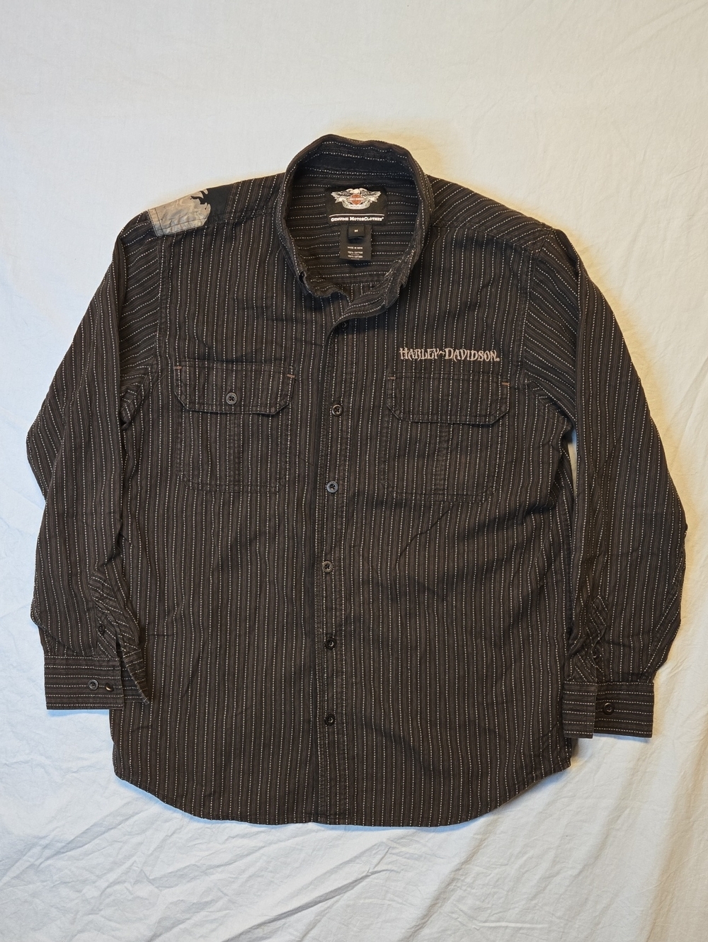 Harley-Davidson Black Pinstripe Button Down Dress Shirt with Embroidered Logo